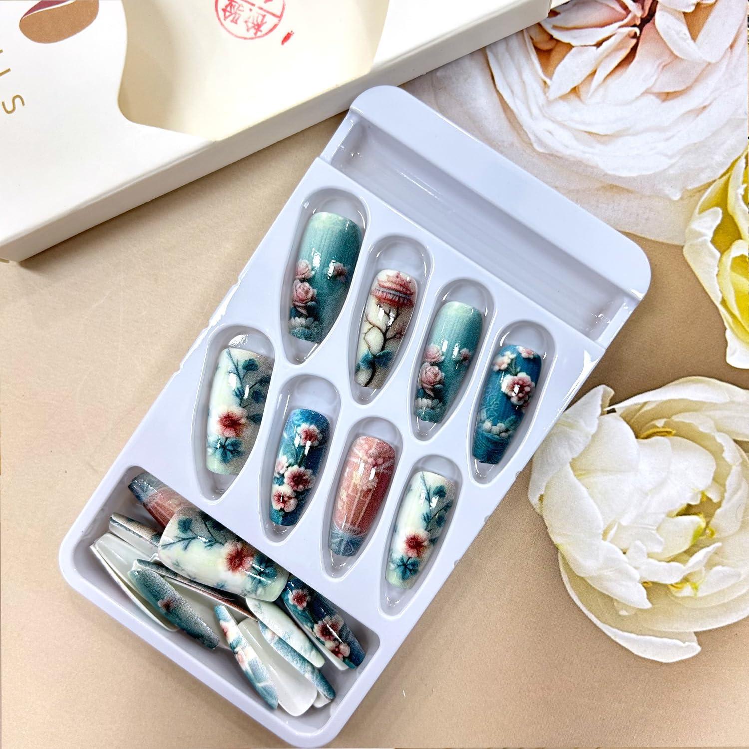 Uñas Postizas Acrílicas Medianas TBRZTR Diseño Floral