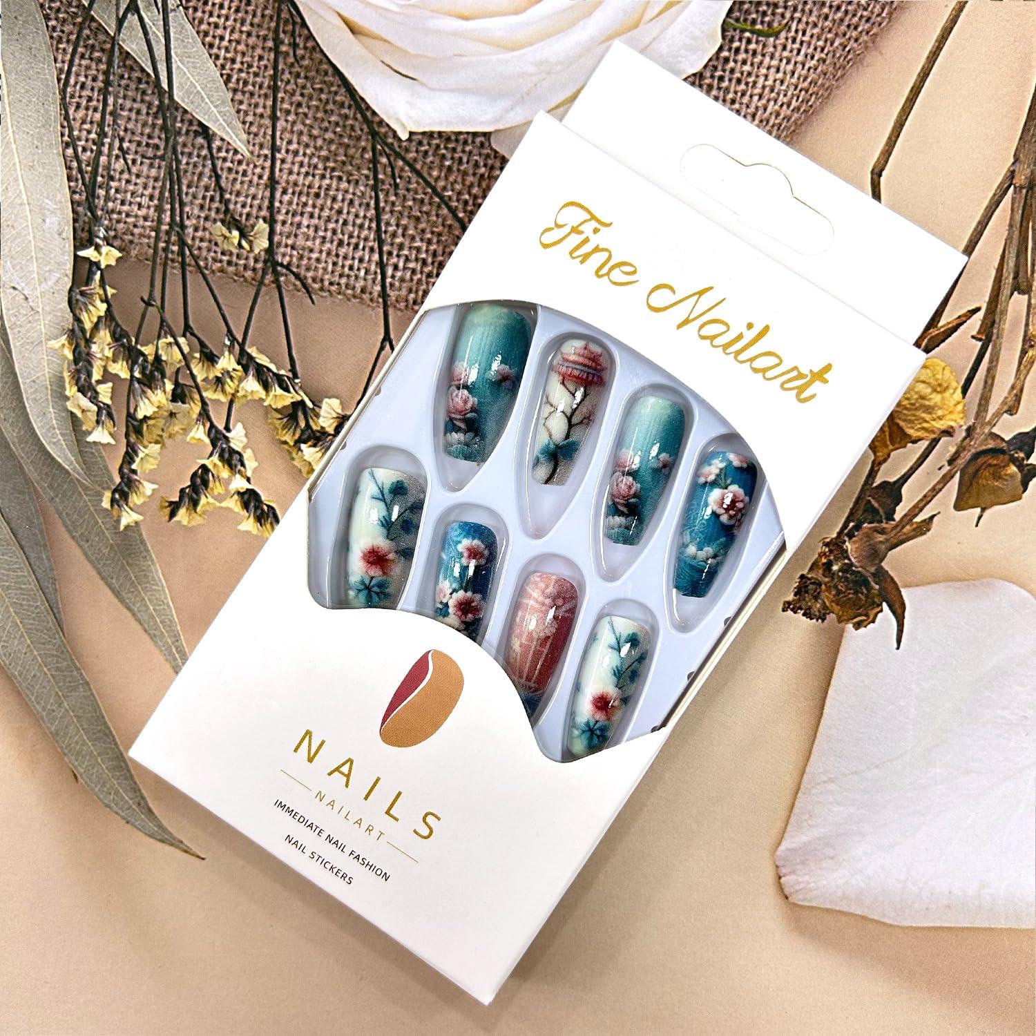 Uñas Postizas Acrílicas Medianas TBRZTR Diseño Floral