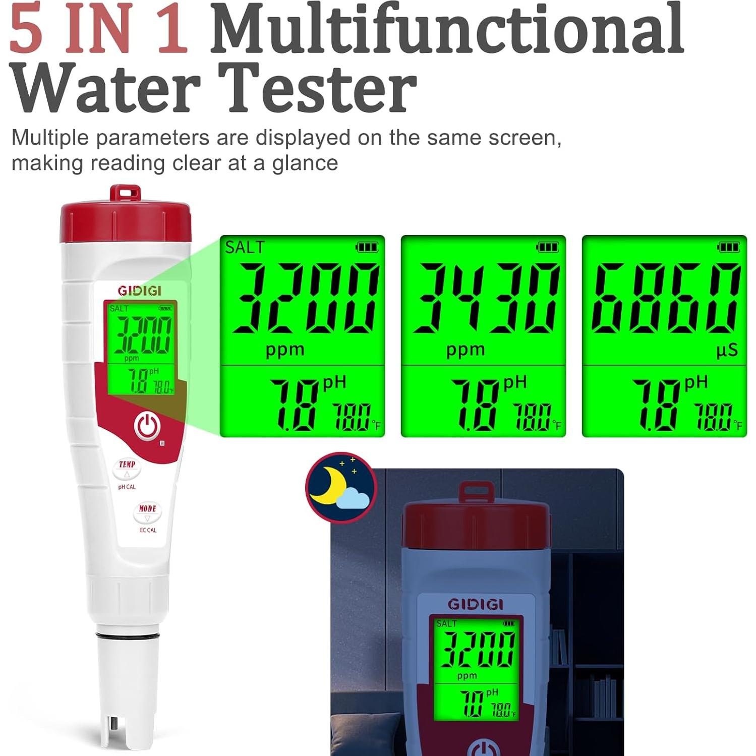 Medidor de pH y Salinidad GIDIGI 5 en 1 para Piscinas