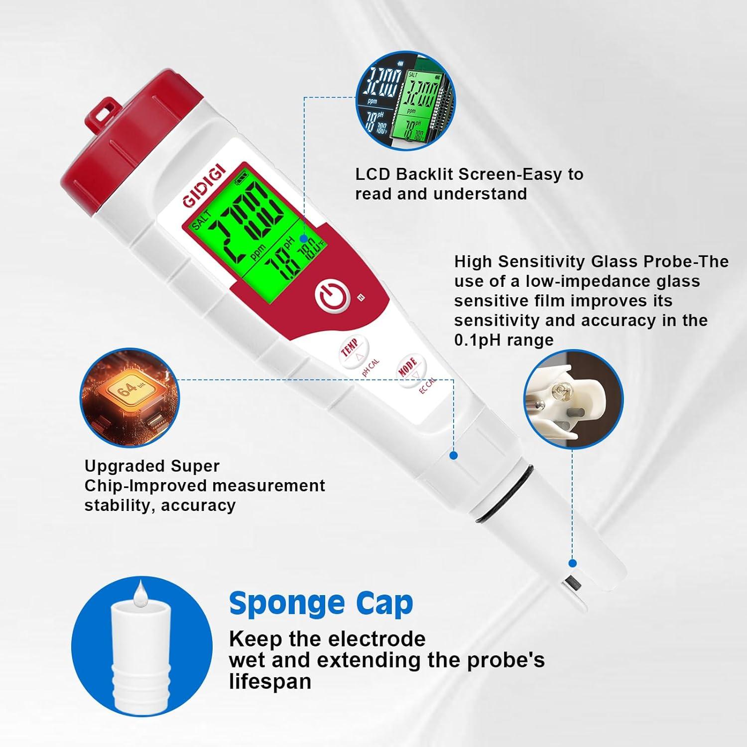 Medidor de pH y Salinidad GIDIGI 5 en 1 para Piscinas