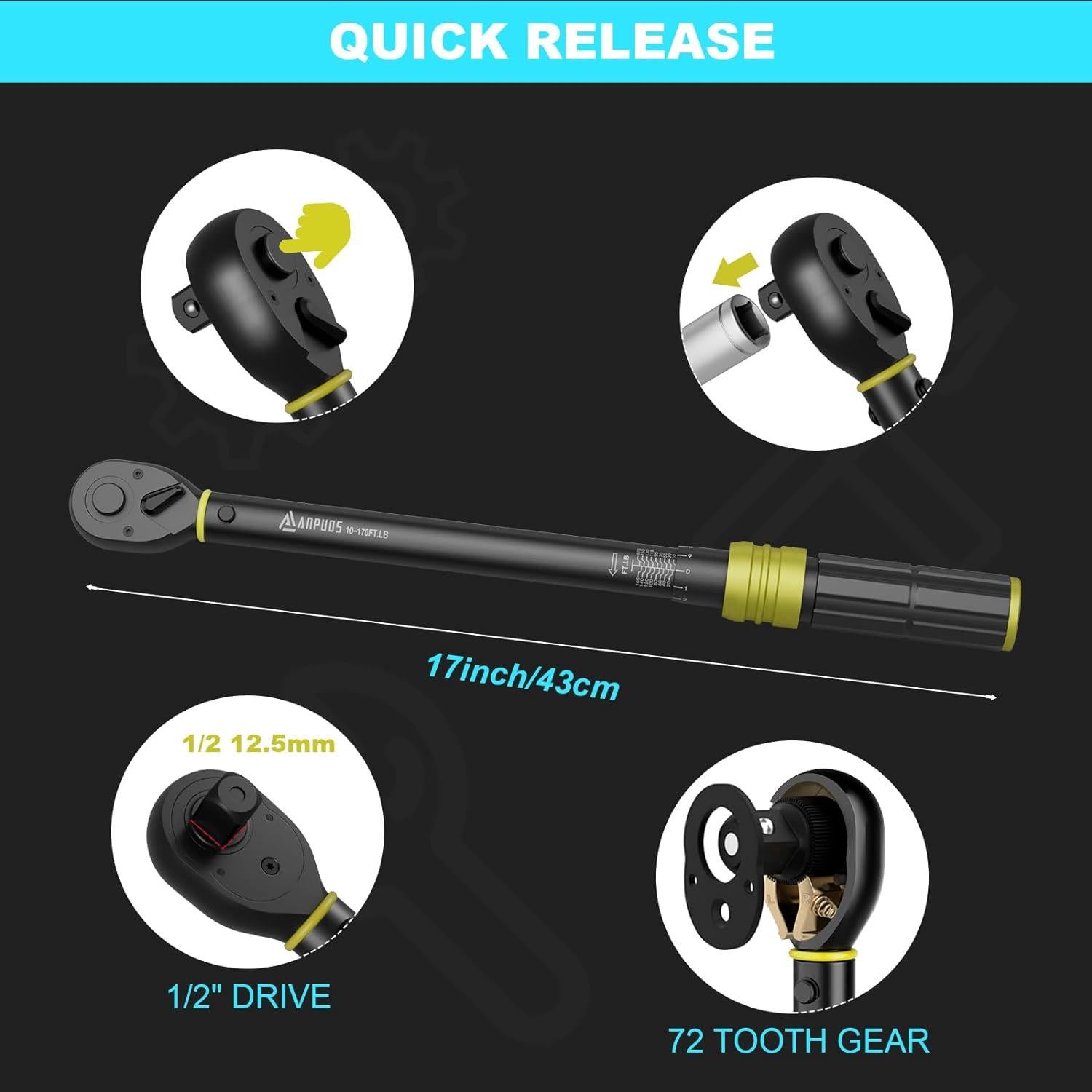 Llave de Torque ANPUDS 1/2" 10-170 Ft-Lb 72 Dientes