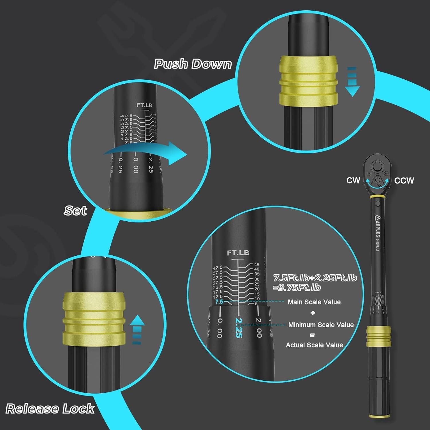 Llave de Torque ANPUDS 3/8" 5-45 Ft-Lb / 6.8-61 Nm Ligera