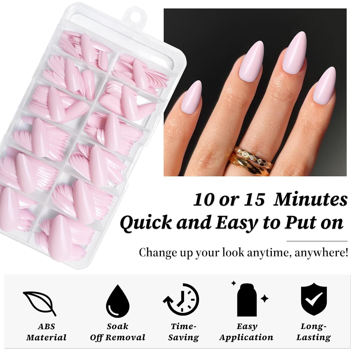 240 Uñas Postizas Almendra Rosa Bebé Lifextol Medianas