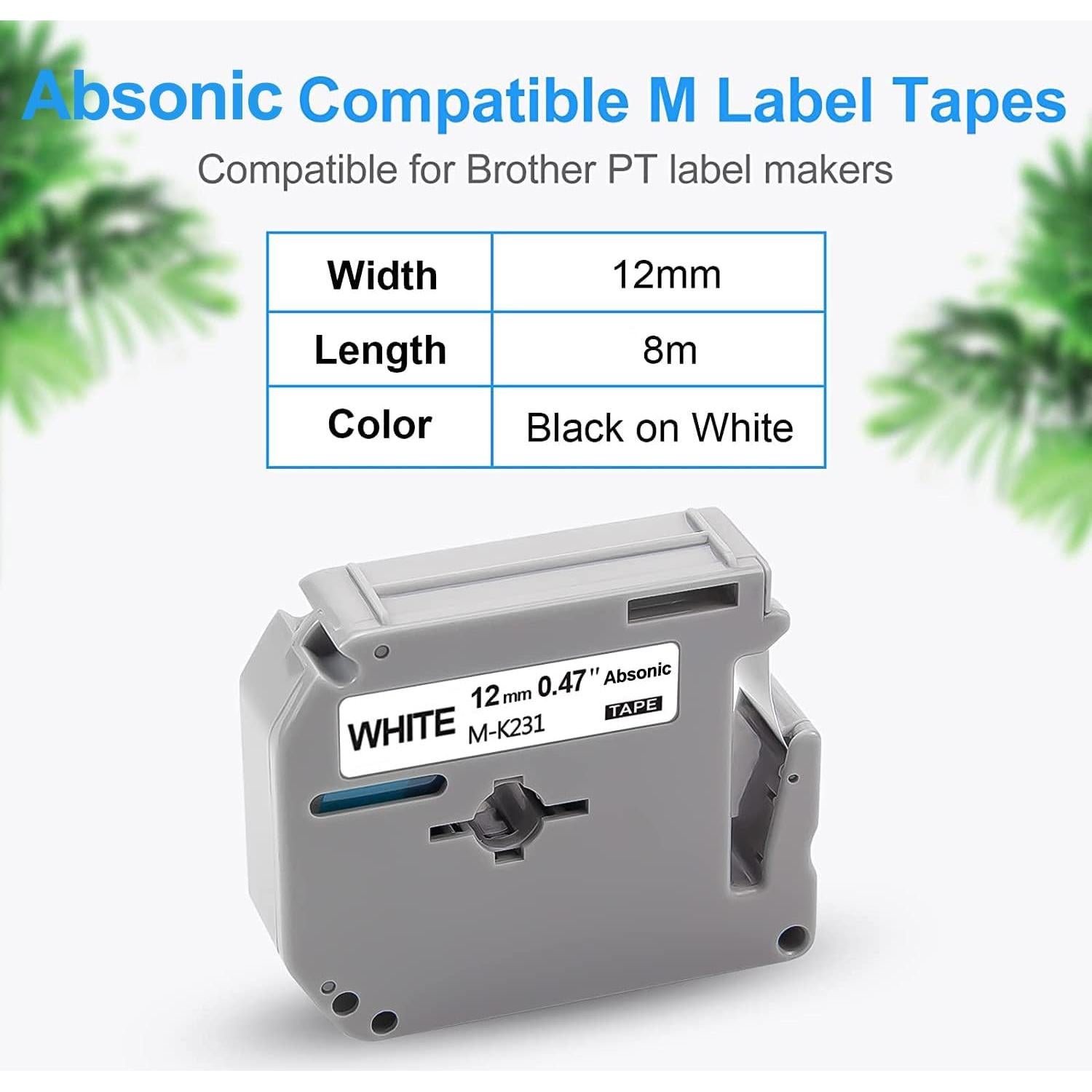 Cinta de Etiqueta Absonic MK-231 12mm Negra sobre Blanca - 5 Pack