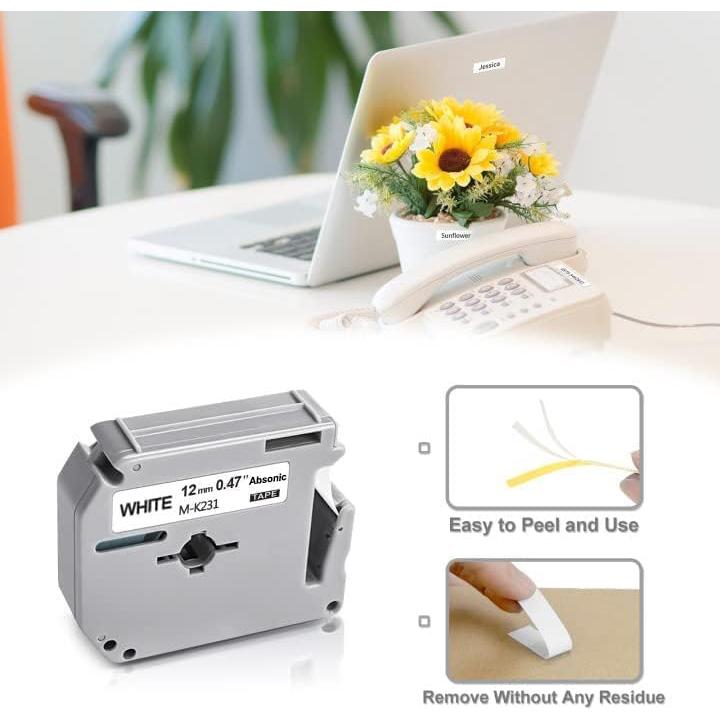 Cinta de Etiqueta Absonic MK-231 12mm Negra sobre Blanca - 5 Pack