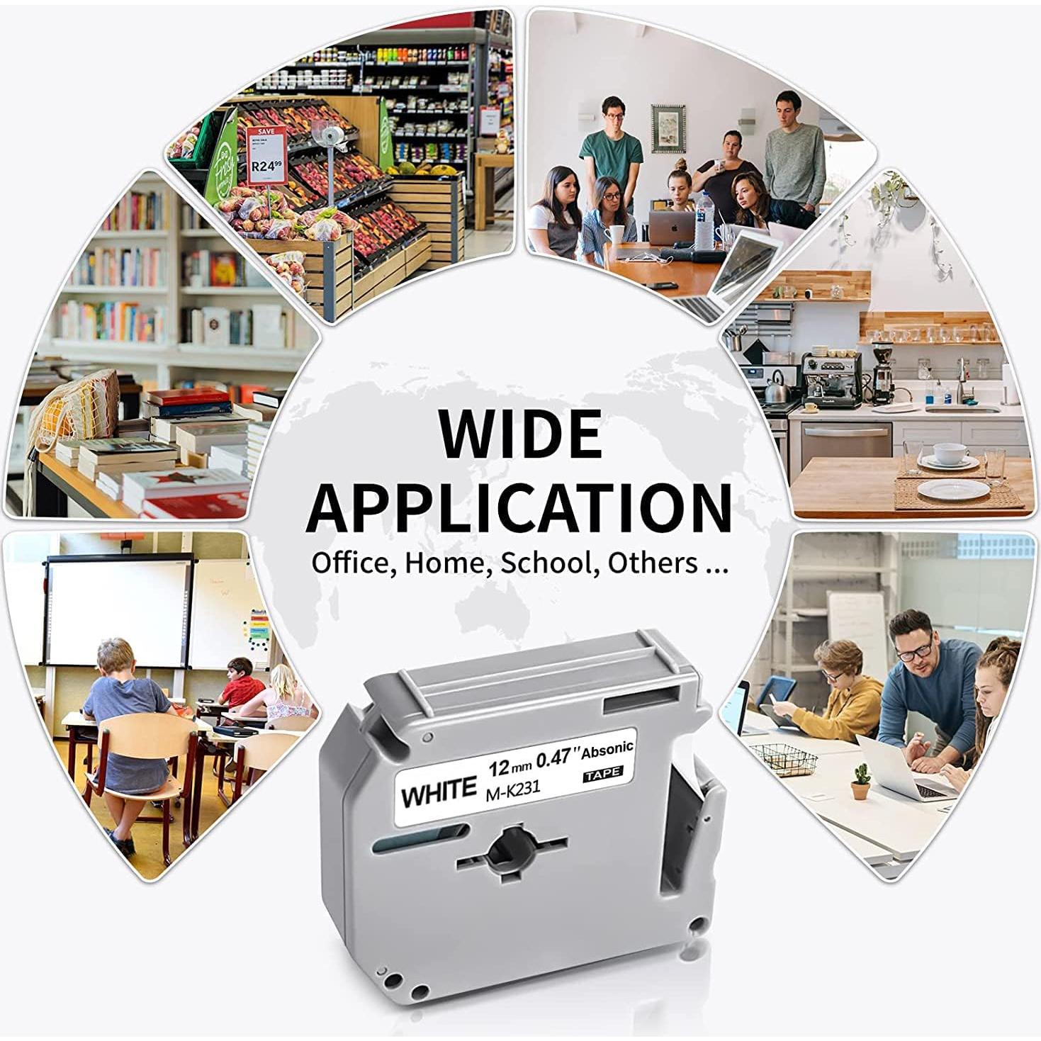 Cinta de Etiqueta Absonic MK-231 12mm Negra sobre Blanca - 5 Pack