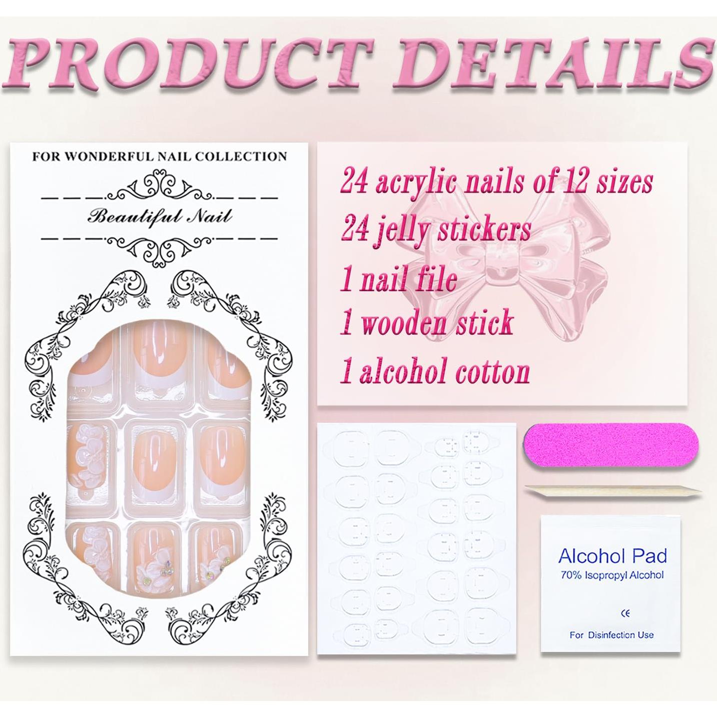 Uñas Postizas Cortas Cuadradas MABKJLF 24 Pcs con Flores