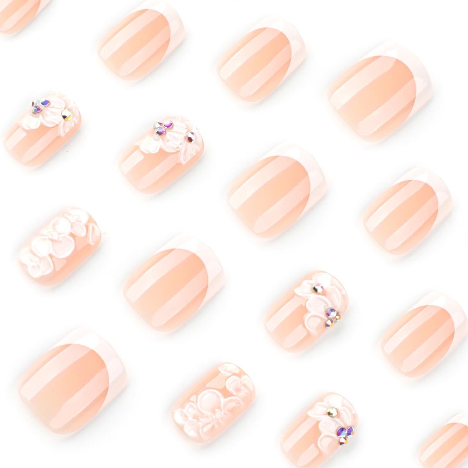 Uñas Postizas Cortas Cuadradas MABKJLF 24 Pcs con Flores