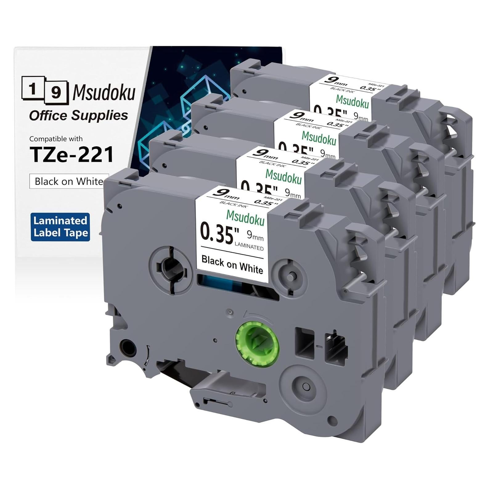 Paquete de 4 Cintas Laminadas Msudoku TZe-221 9mm Negro sobre Blanco