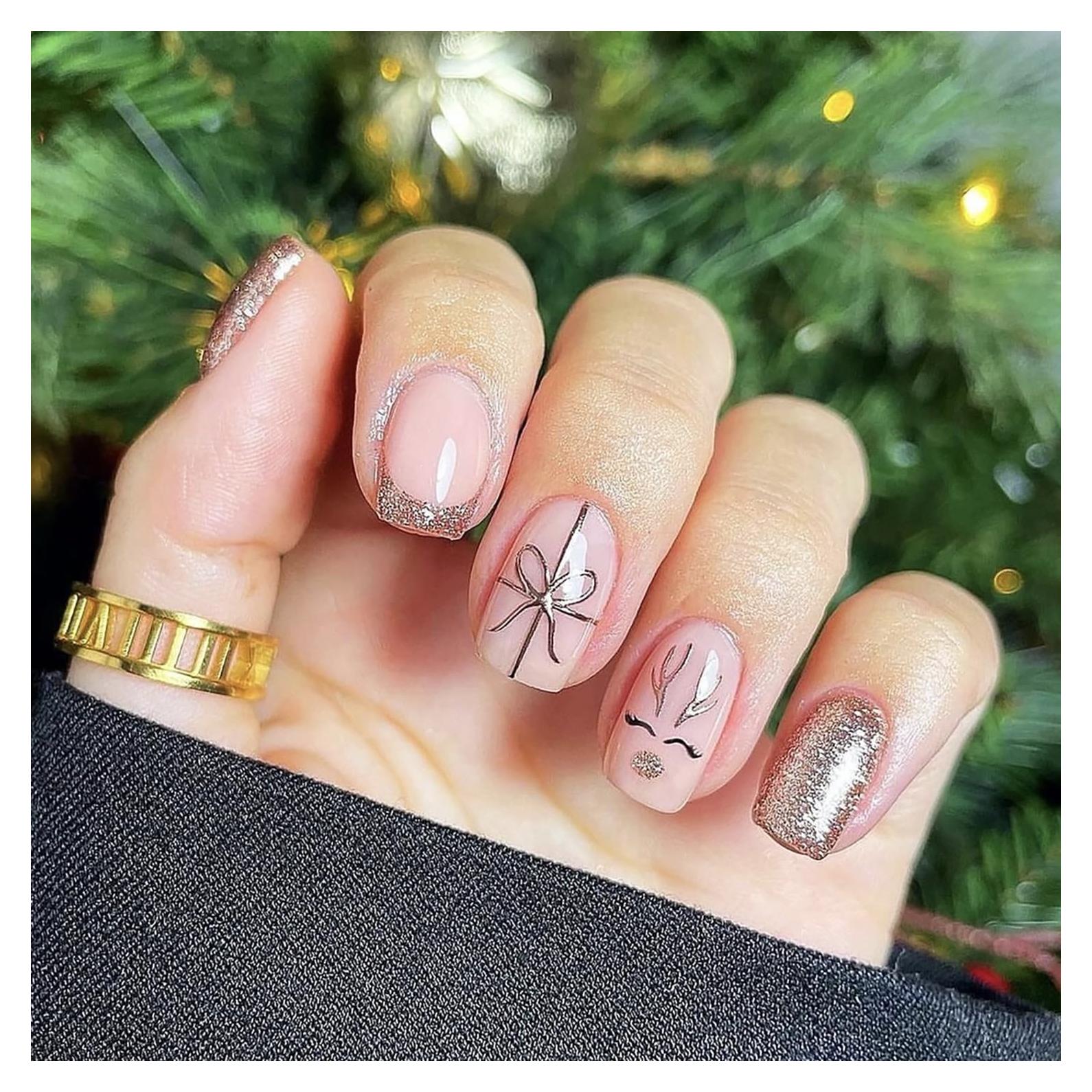 24 Uñas Postizas Cortas Acrílicas FDSQHSA Navidad Brillantes