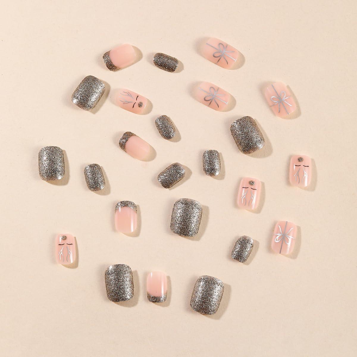 24 Uñas Postizas Cortas Acrílicas FDSQHSA Navidad Brillantes