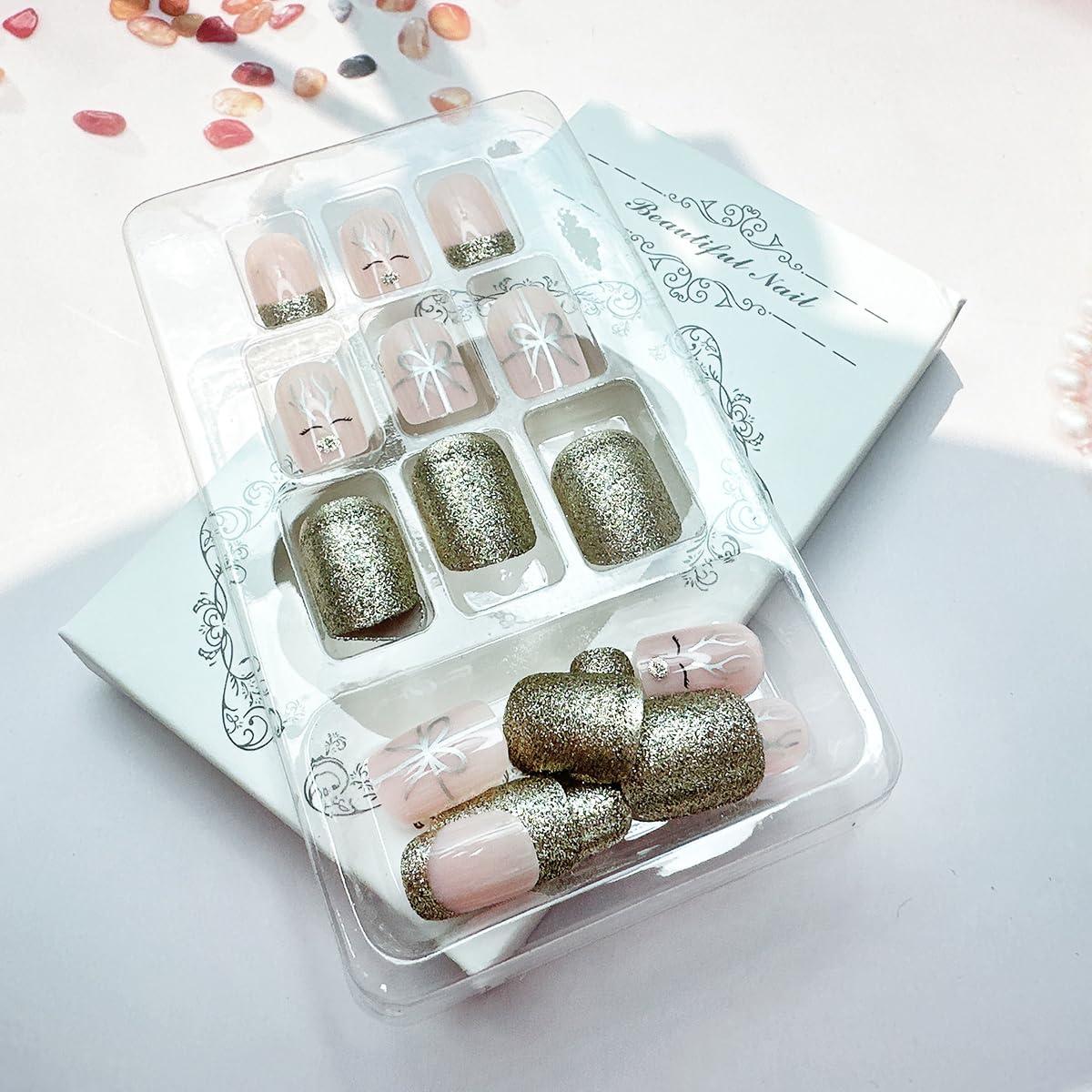 24 Uñas Postizas Cortas Acrílicas FDSQHSA Navidad Brillantes