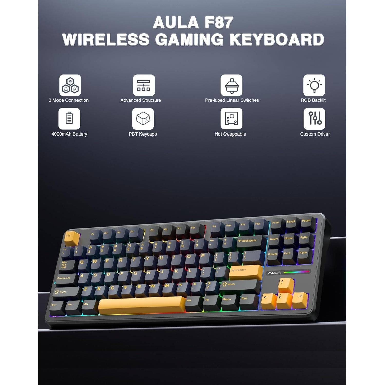Teclado Mecánico Inalámbrico AULA F87 TKL RGB Hot Swappable