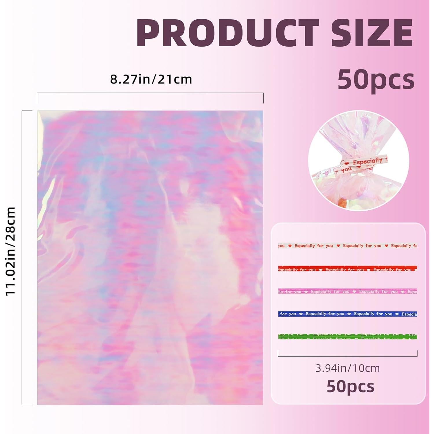 50 Bolsas Holográficas 20x28 cm con Lazos Coloridos para Regalos