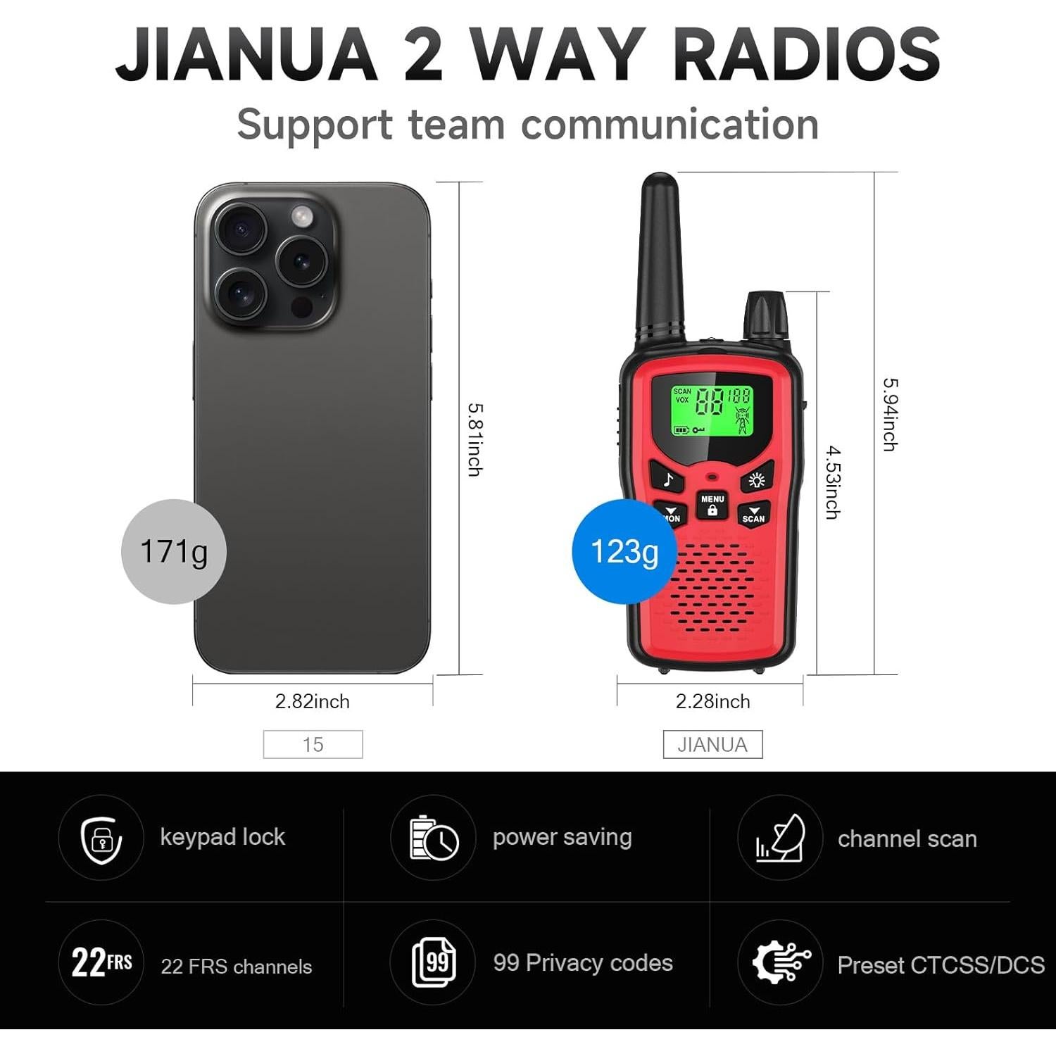 Walkie Talkies Recargables JIANUA 2 Paquete Colorido 8 km