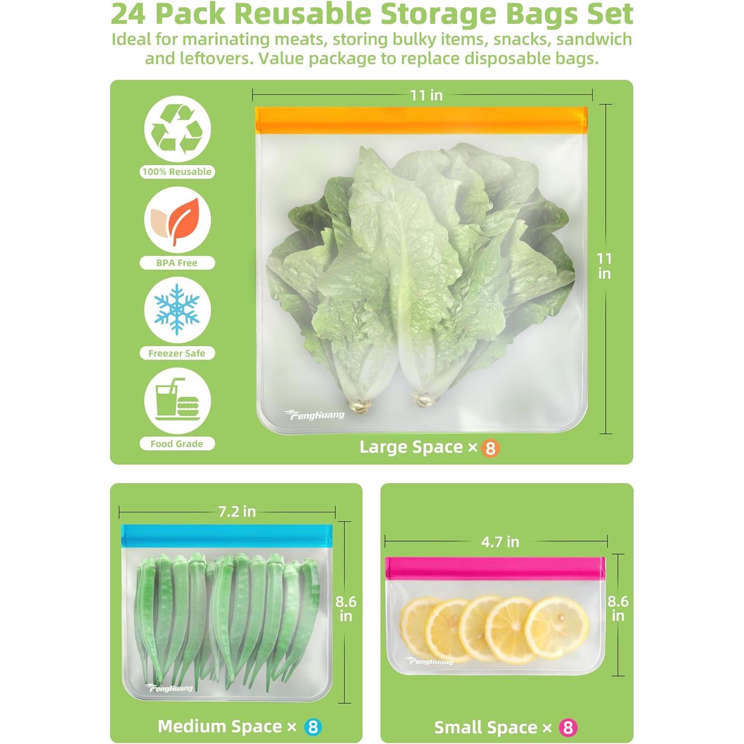 24 Bolsas Reutilizables FENGHUANG para Almacenamiento de Alimentos