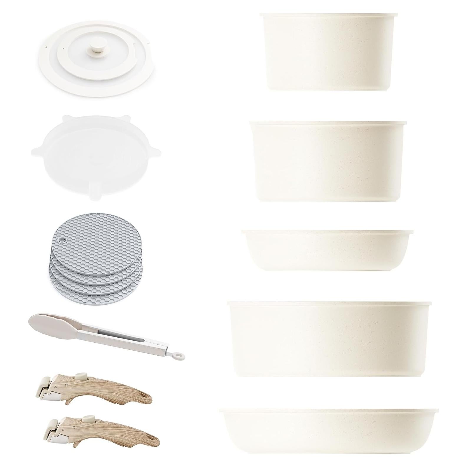 Caannasweis Detachable Nonstick Cookware Set - Stackable Induction Pots and Pans With Removable Handles, Dishwasher Safe - For RV Camping, Oven and Stovetop Use, 5 Pieces (Beige)