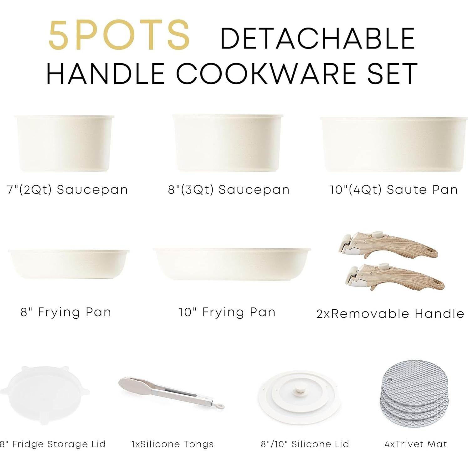 Caannasweis Detachable Nonstick Cookware Set - Stackable Induction Pots and Pans With Removable Handles, Dishwasher Safe - For RV Camping, Oven and Stovetop Use, 5 Pieces (Beige)