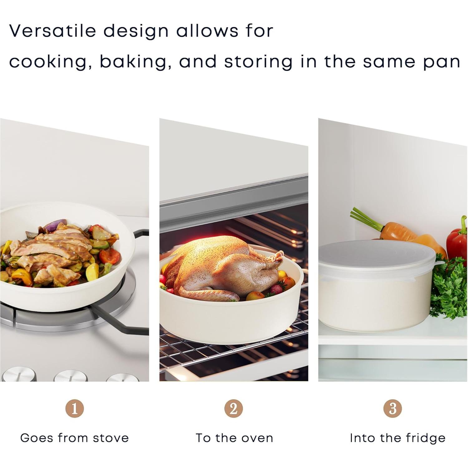 Caannasweis Detachable Nonstick Cookware Set - Stackable Induction Pots and Pans With Removable Handles, Dishwasher Safe - For RV Camping, Oven and Stovetop Use, 5 Pieces (Beige)