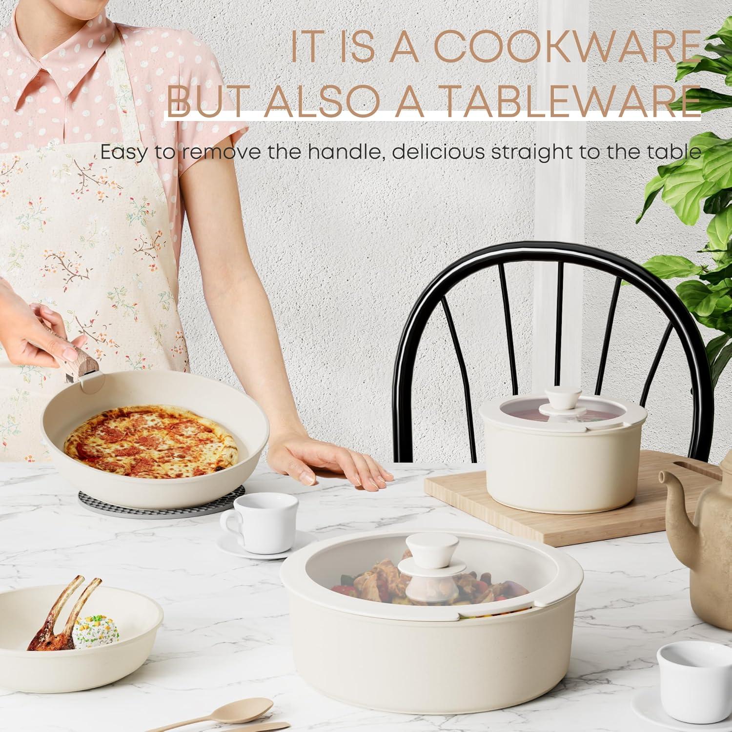 Caannasweis Detachable Nonstick Cookware Set - Stackable Induction Pots and Pans With Removable Handles, Dishwasher Safe - For RV Camping, Oven and Stovetop Use, 5 Pieces (Beige)