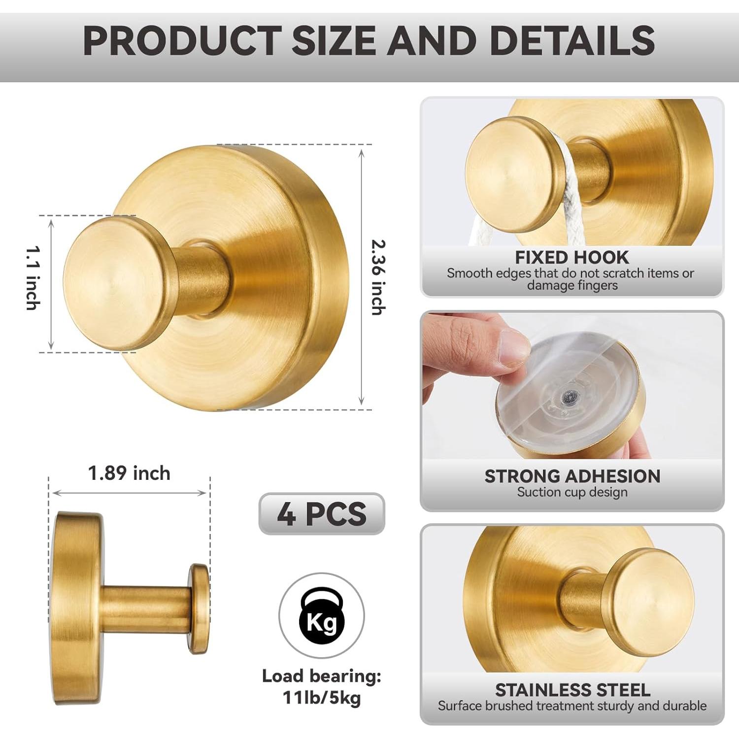 Ganchos de Ventosa para Ducha Pierpel - 4 Piezas Oro