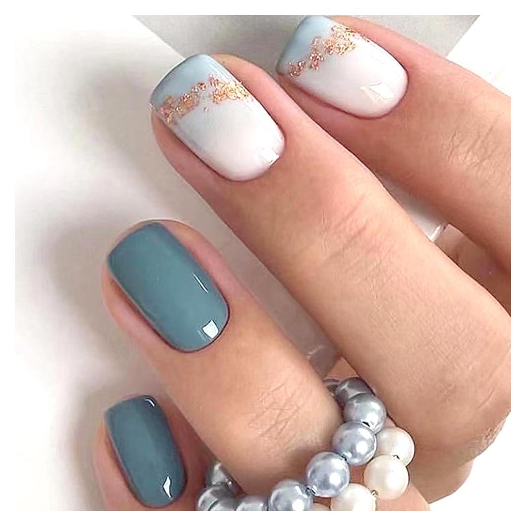 Uñas Postizas Cortas RUPOFUZA 24Pcs Brillantes Azules