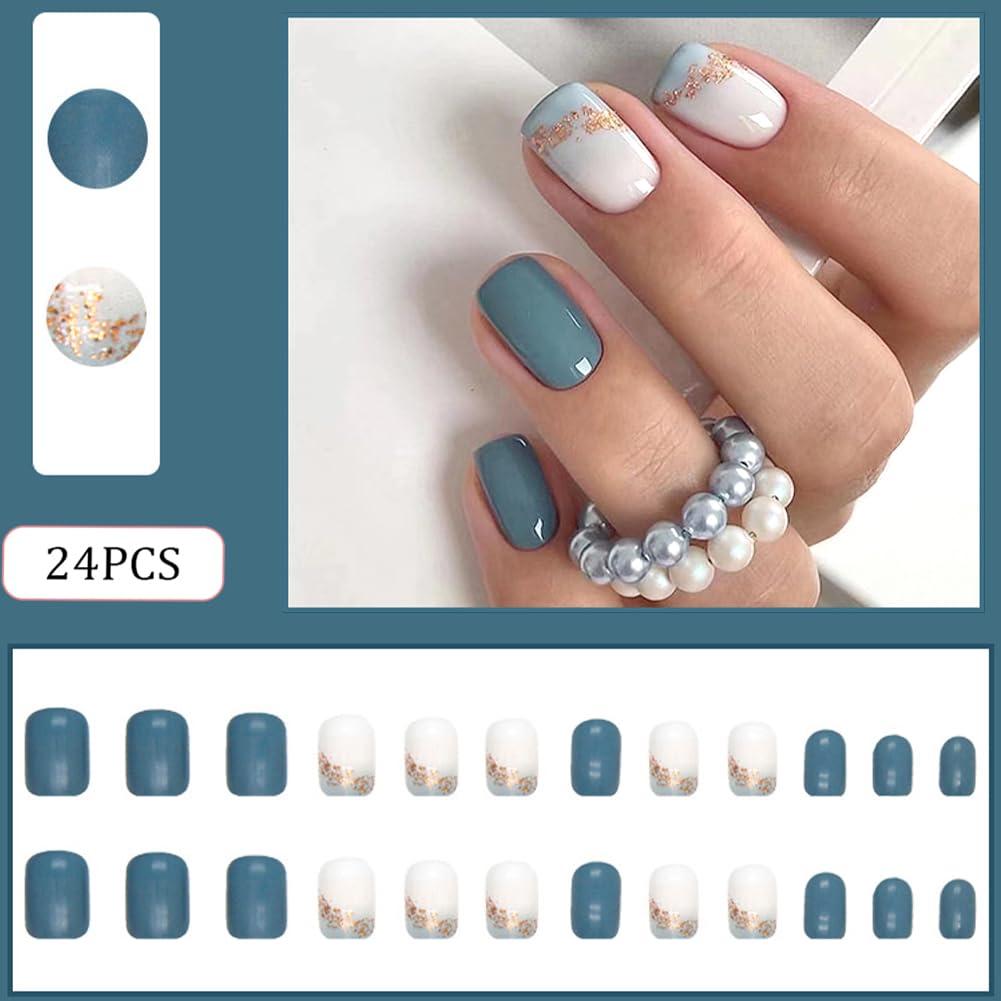 Uñas Postizas Cortas RUPOFUZA 24Pcs Brillantes Azules