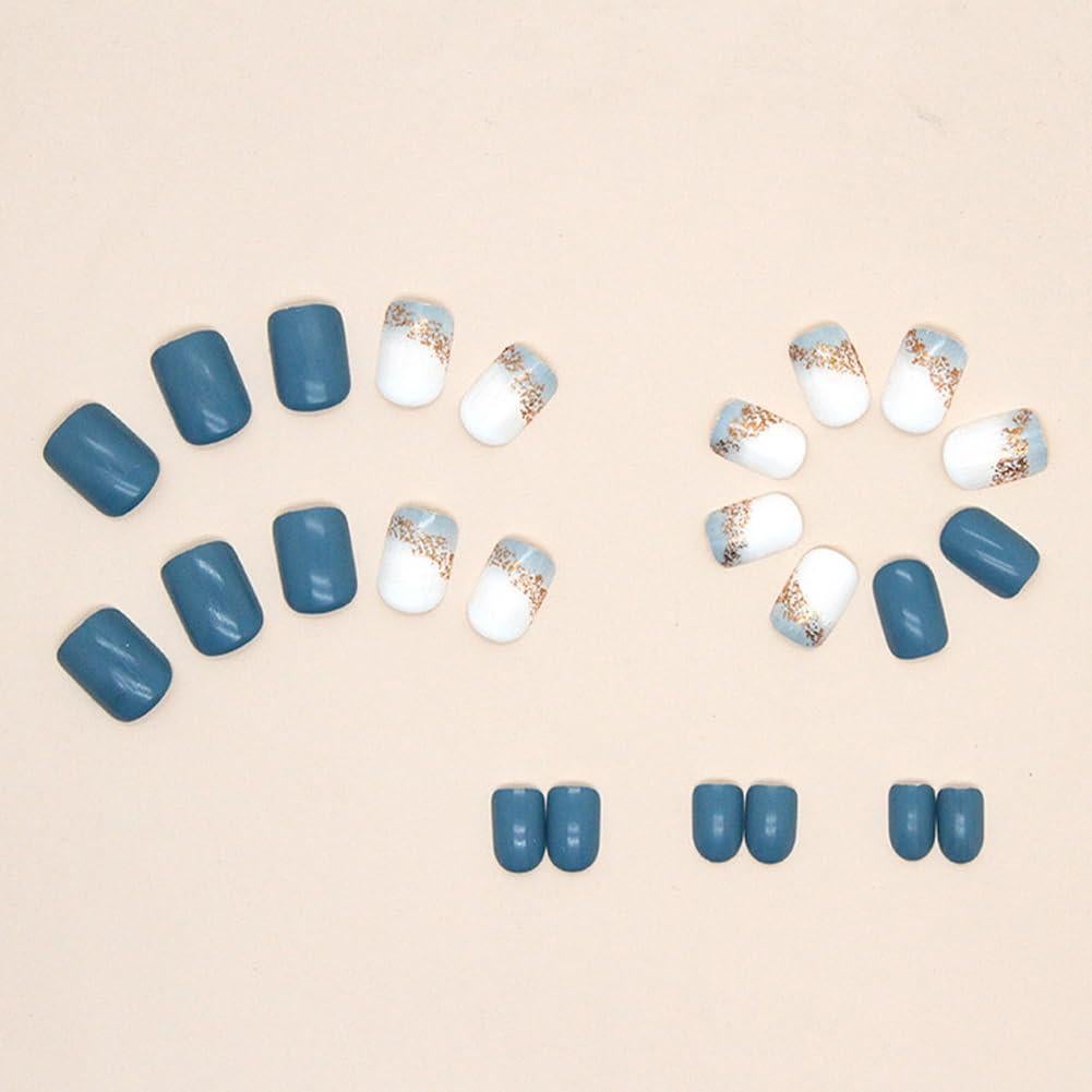 Uñas Postizas Cortas RUPOFUZA 24Pcs Brillantes Azules