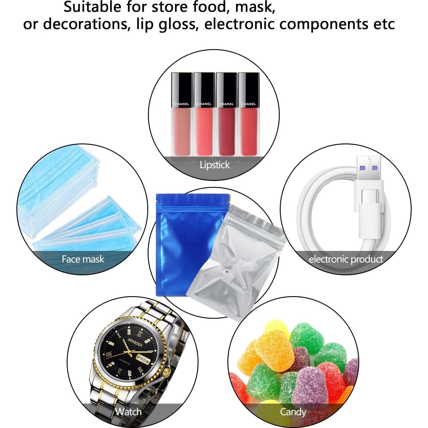 Paquete de 100 Bolsas Mylar Reutilizables 7.5 x 10 cm Azul