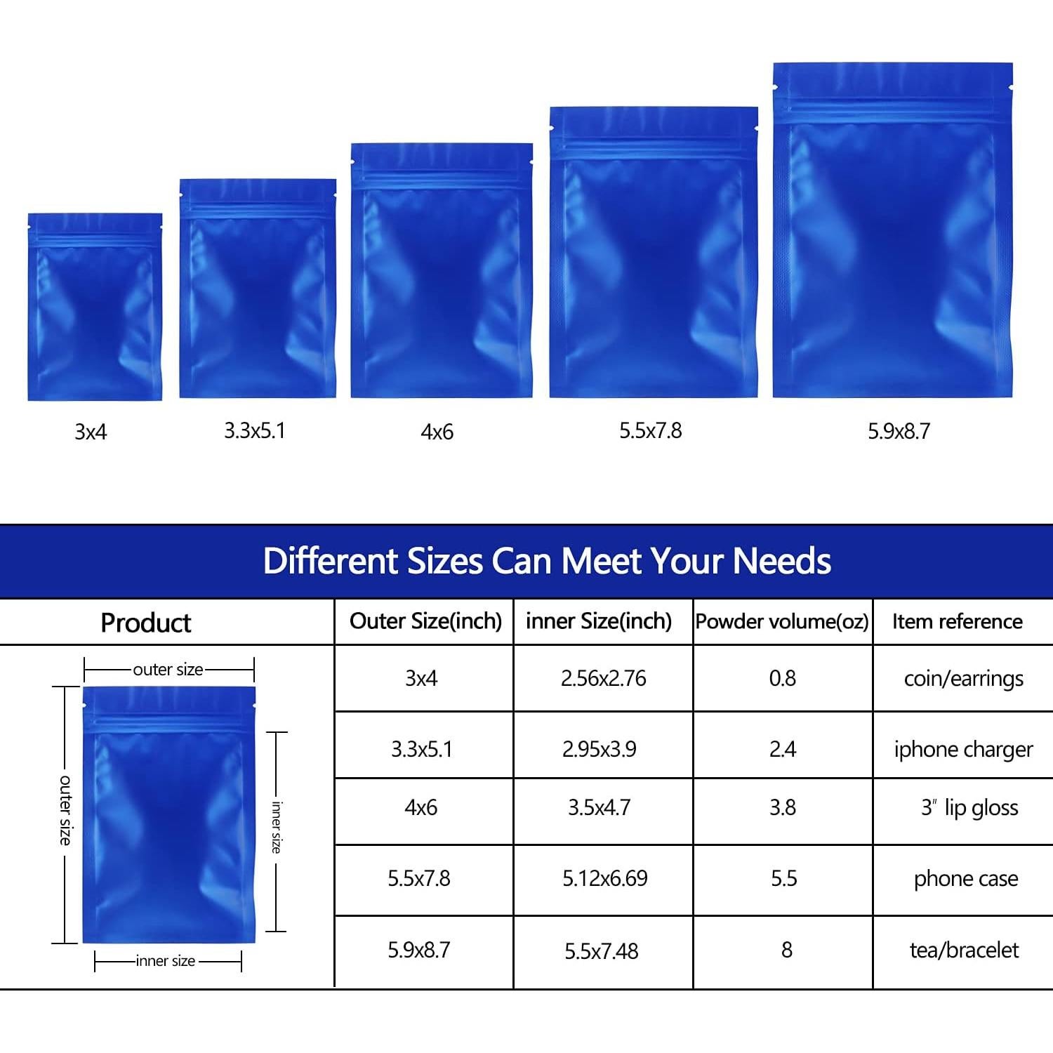 Paquete de 100 Bolsas Mylar Reutilizables 7.5 x 10 cm Azul