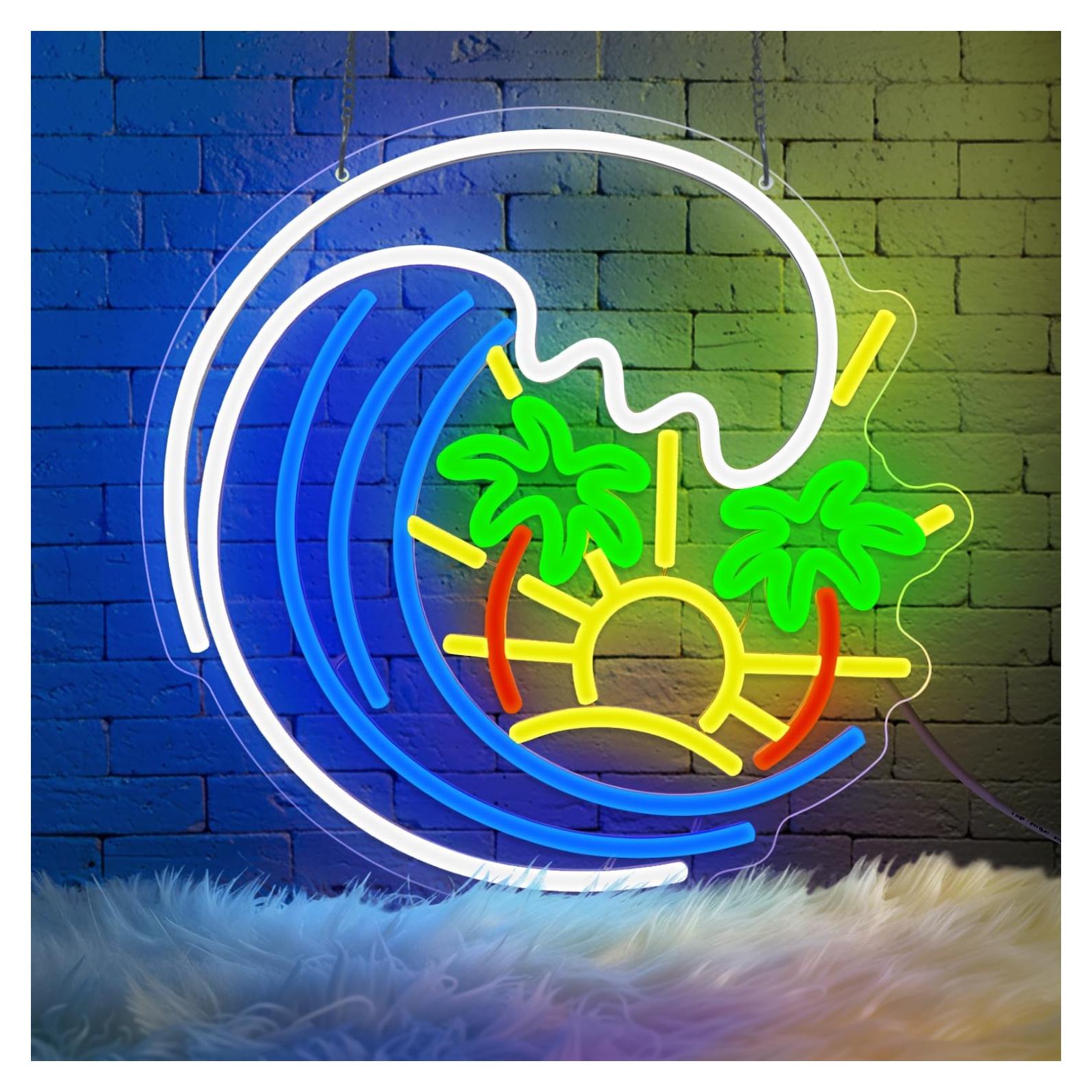 Letrero de Neón LED Sneinon Palma y Olas 32.8x31.8cm