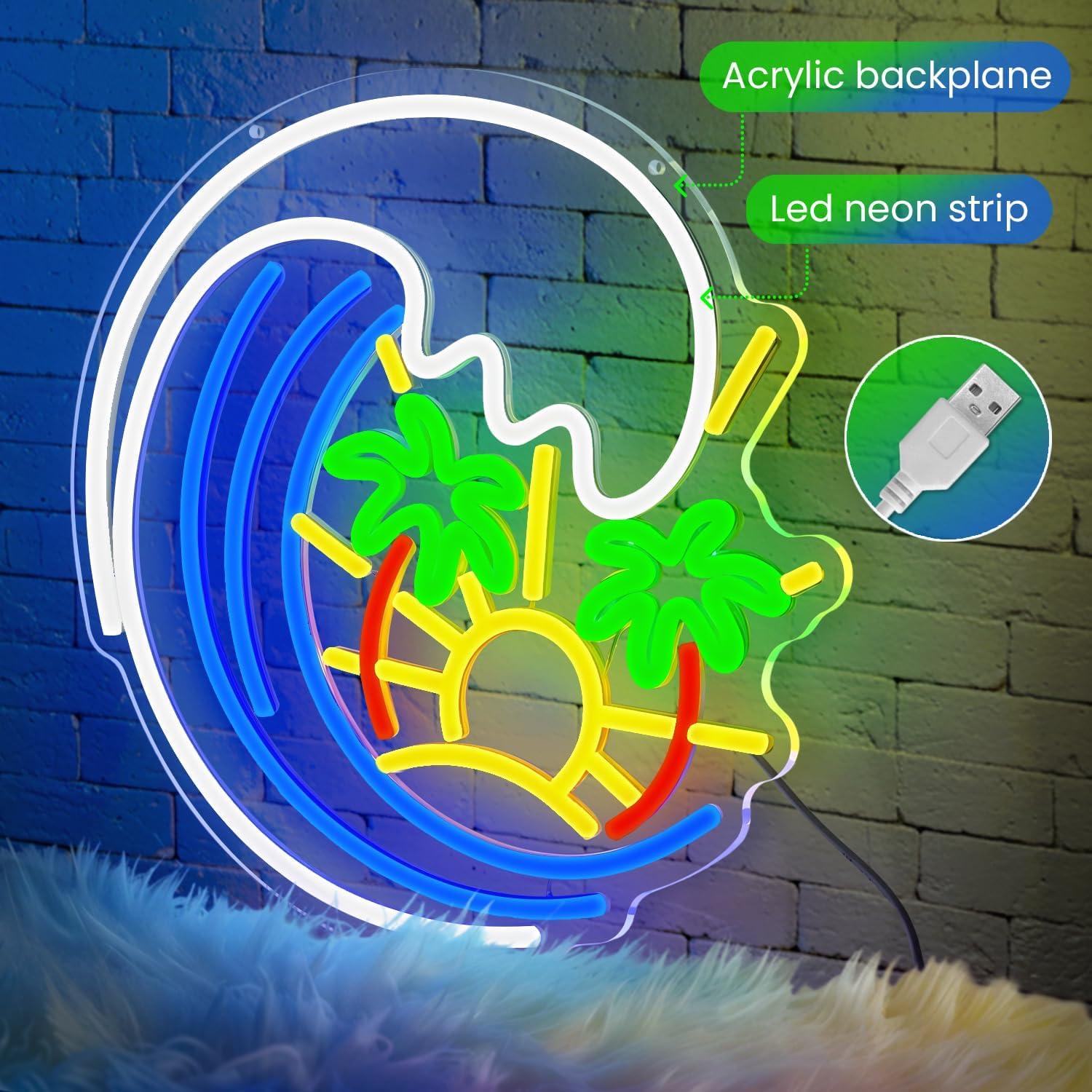 Letrero de Neón LED Sneinon Palma y Olas 32.8x31.8cm