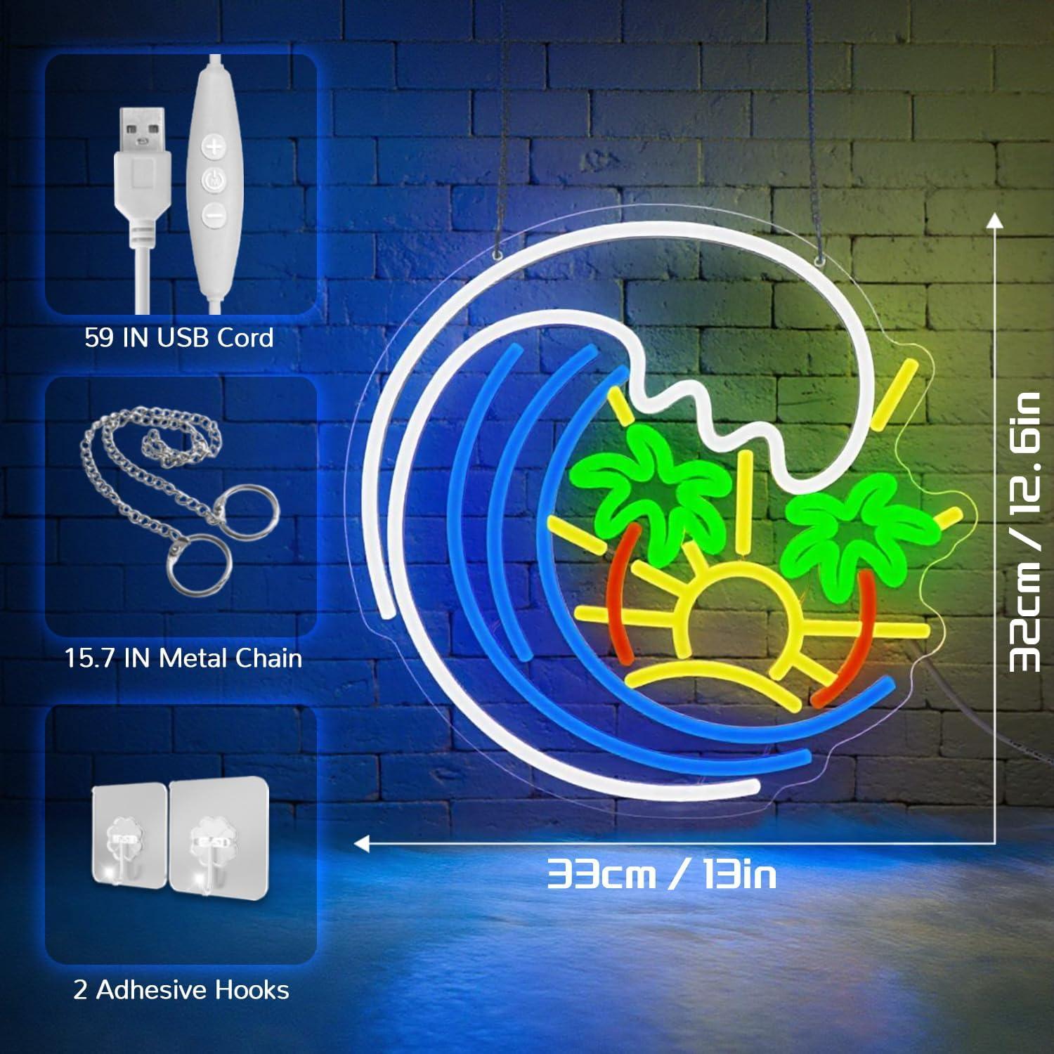 Letrero de Neón LED Sneinon Palma y Olas 32.8x31.8cm
