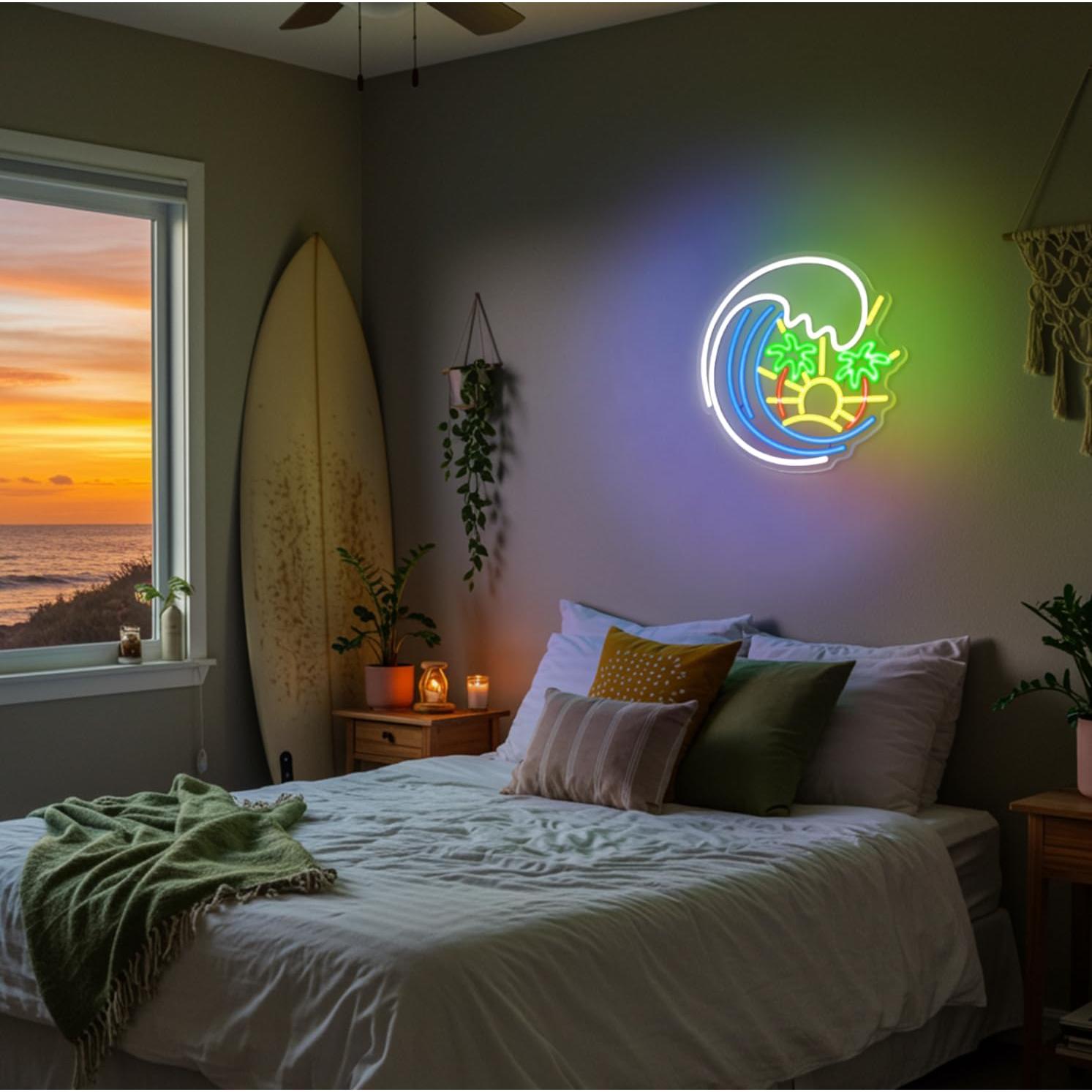 Letrero de Neón LED Sneinon Palma y Olas 32.8x31.8cm