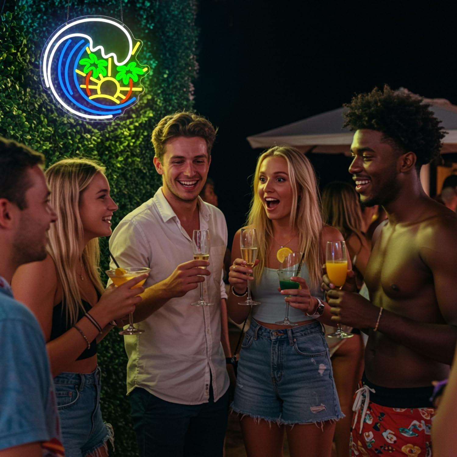 Letrero de Neón LED Sneinon Palma y Olas 32.8x31.8cm