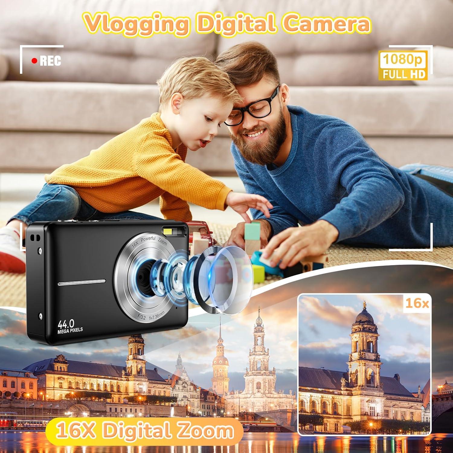 Digital Camera, 2024 Upgraded 1080P 44MP Digital Cameras for Kids, Digital Point and Shoot Camera with 16X Zoom, 32GB SD Card, Time Stamp, Compact Small Travel Camera for Boys Girls Teens, Black