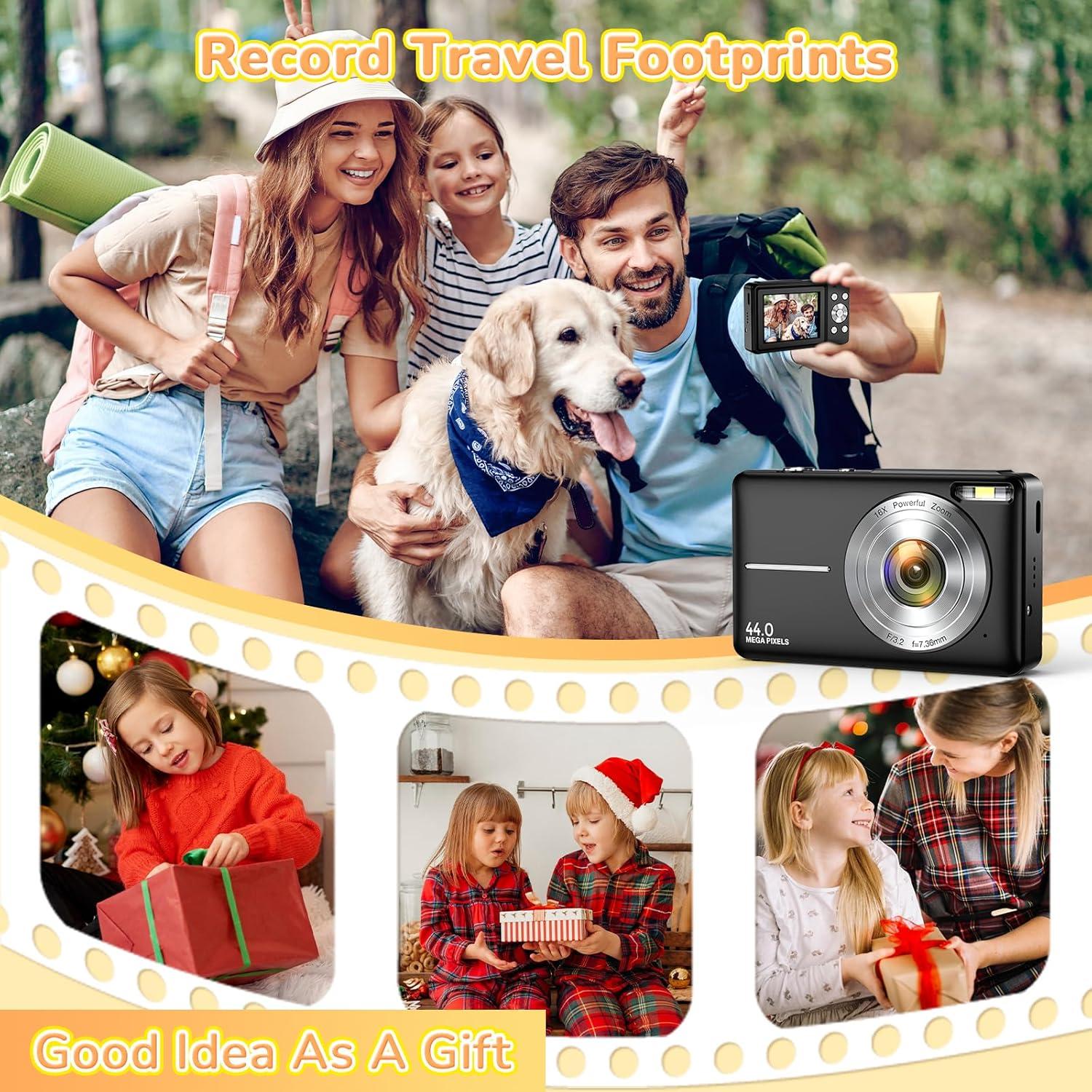 Digital Camera, 2024 Upgraded 1080P 44MP Digital Cameras for Kids, Digital Point and Shoot Camera with 16X Zoom, 32GB SD Card, Time Stamp, Compact Small Travel Camera for Boys Girls Teens, Black