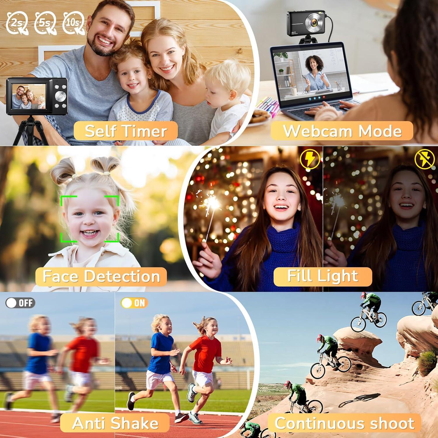 Digital Camera, 2024 Upgraded 1080P 44MP Digital Cameras for Kids, Digital Point and Shoot Camera with 16X Zoom, 32GB SD Card, Time Stamp, Compact Small Travel Camera for Boys Girls Teens, Black