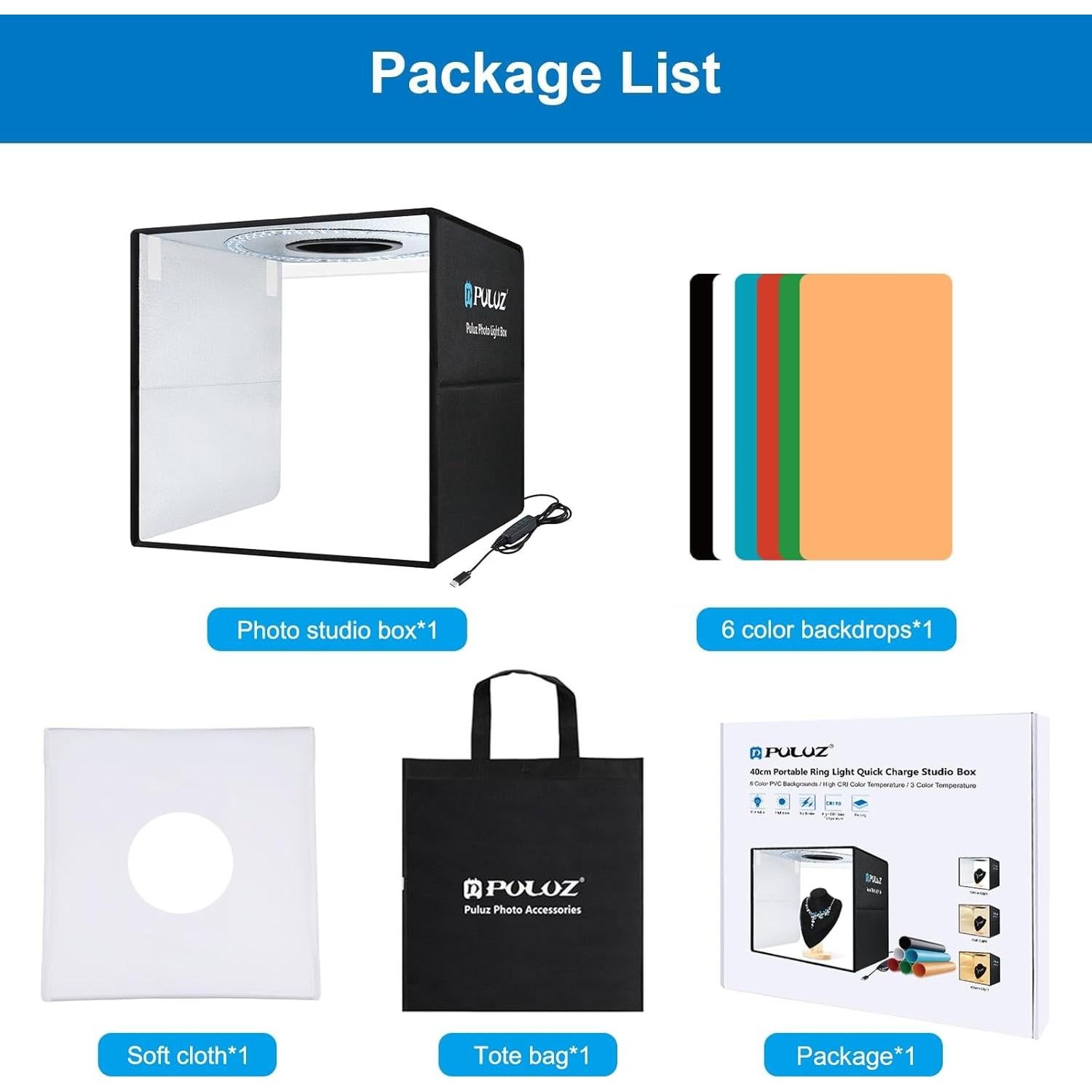 Caja de Luz Fotográfica PULUZ 40x40cm LED 160 luces 6 Fondos