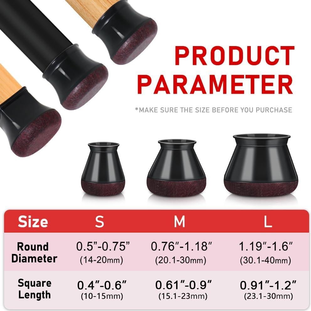 24 Protectores de Suelo PISAO para Patas de Silla Negros 14-20mm