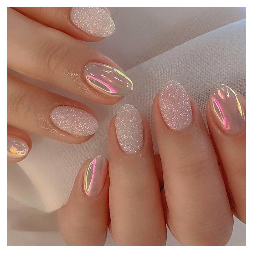 Uñas Postizas Almendra Yivaiks 24 Piezas Brillo Cromado