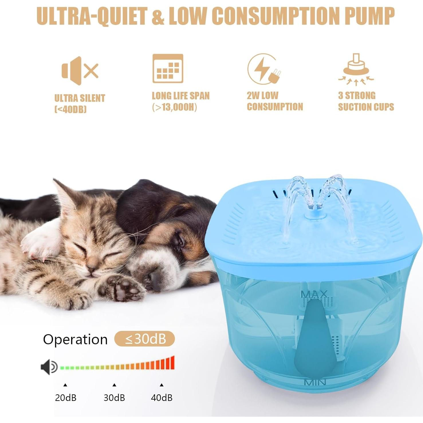 Fuente de Agua para Gatos BOODIDI 2.4L Ultra Silenciosa Azul