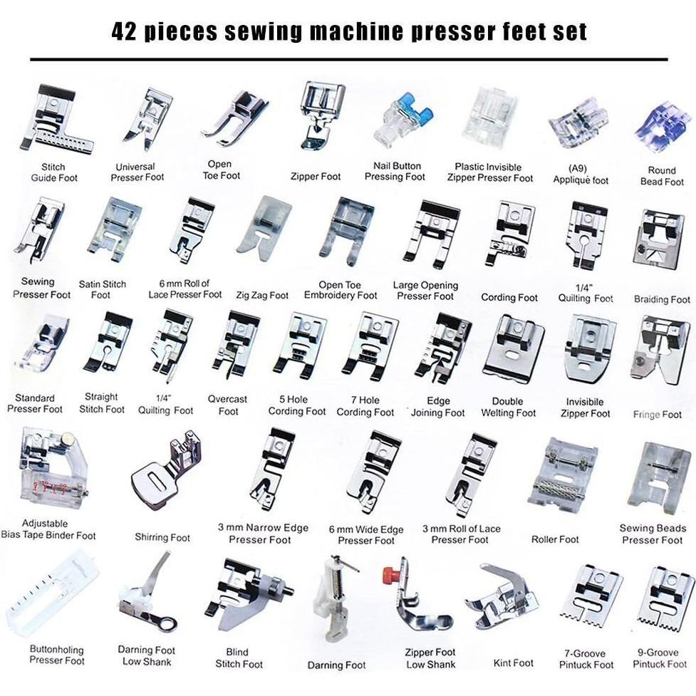 Professional Domestic 42 PCS Sewing Machine Sewing Foot Presser Foot Set with Manual for Brother, Singer, Babylock, Janome, Elna, Toyota, New Home, Simplicity and Kenmore Low Shank Sewing Machines