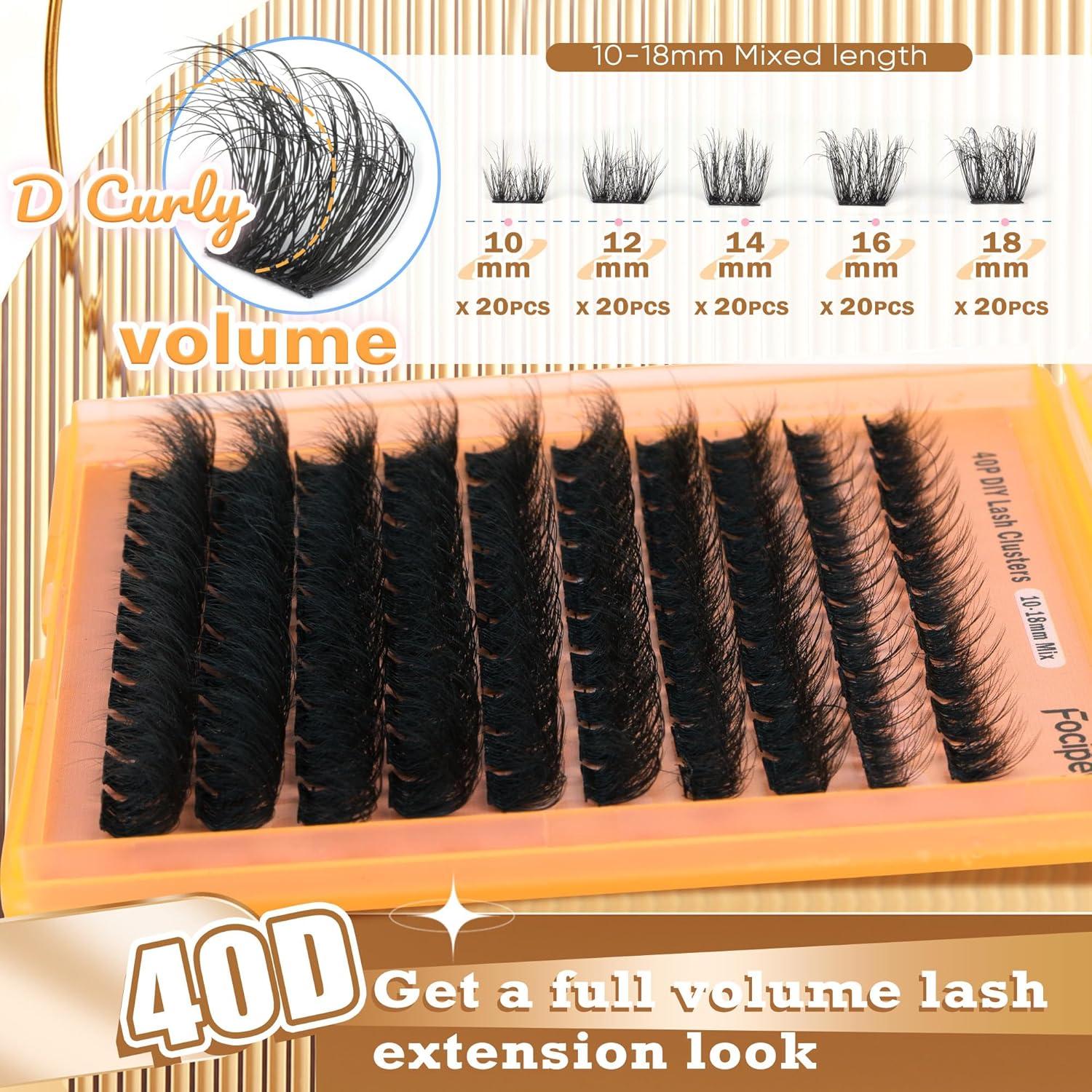 Kit de Extensión de Pestañas Focipeysa 40P DIY 10-18mm con Pegamento