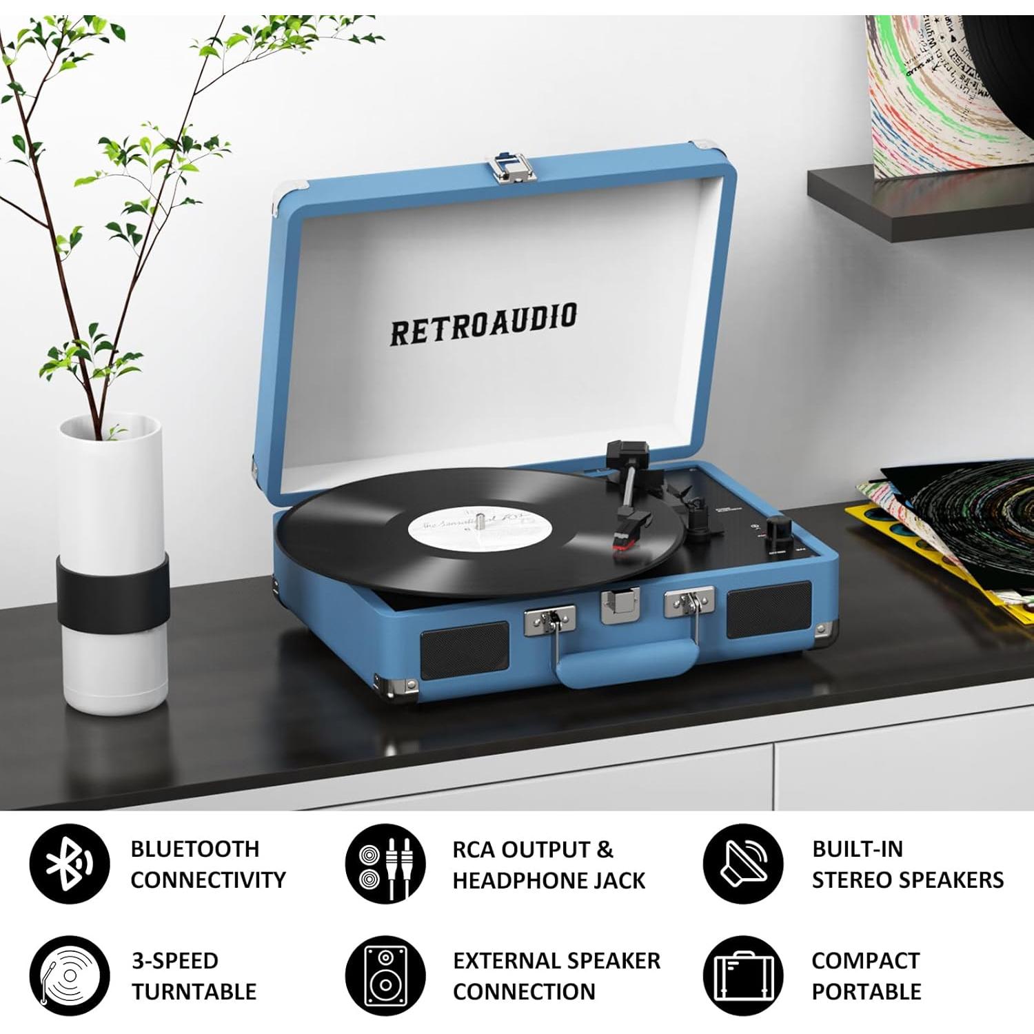 Reproductor de Vinilo Bluetooth RetroAudio Portátil 3 Velocidades