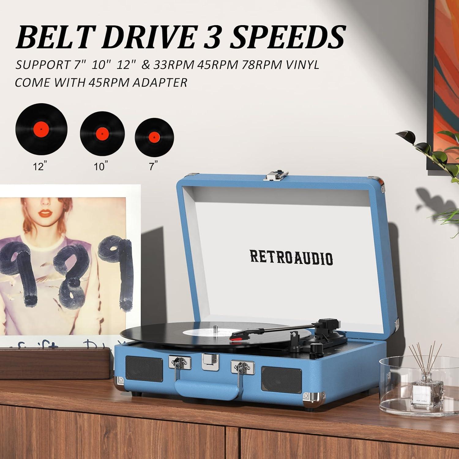 Reproductor de Vinilo Bluetooth RetroAudio Portátil 3 Velocidades