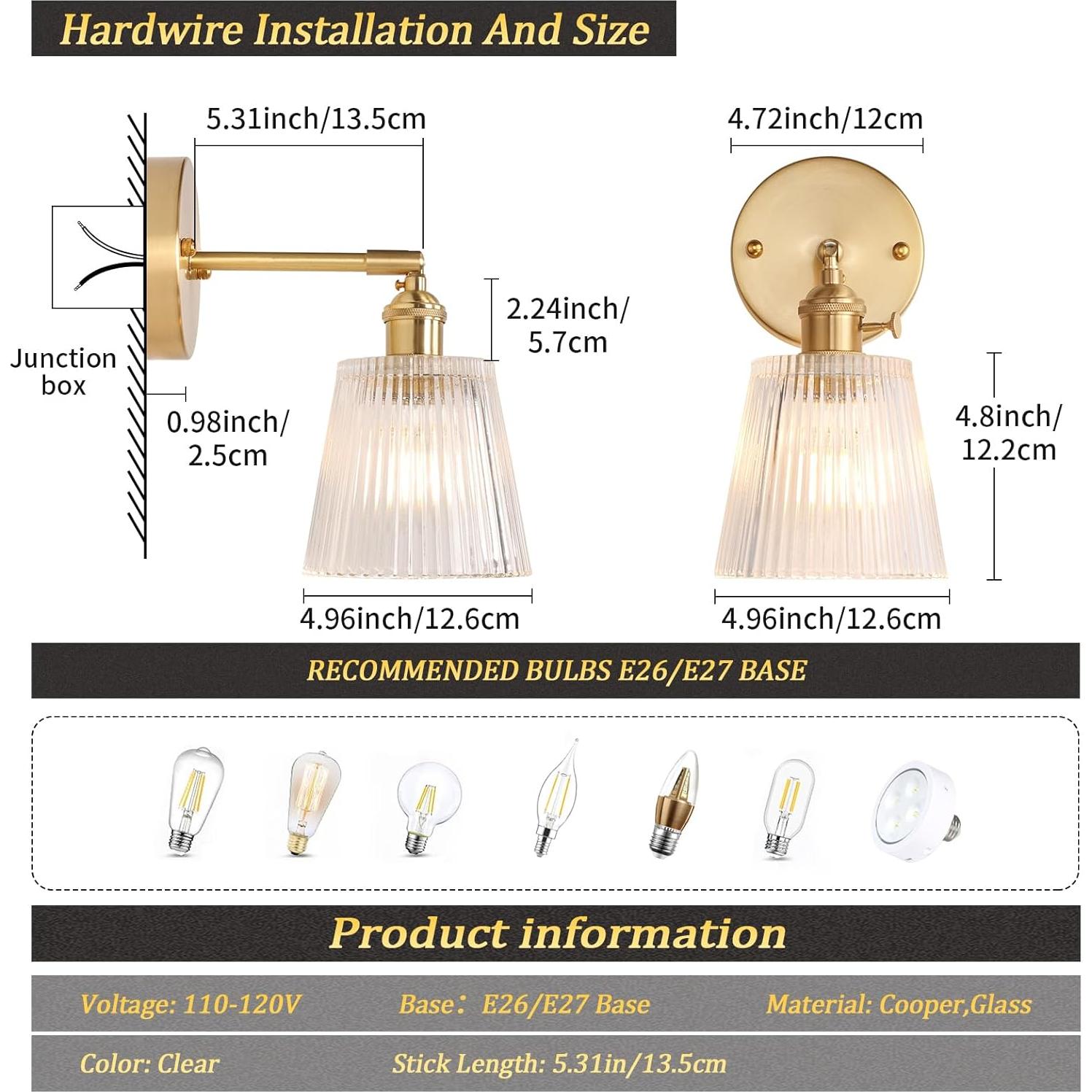 Aplique de Pared Vintage Shenmoyl con Pantalla de Vidrio 180°