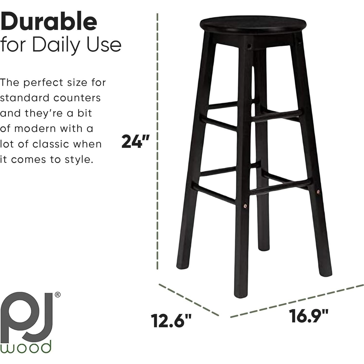 Taburetes de cocina PJ Wood negros, juego de 2, 60.96 cm