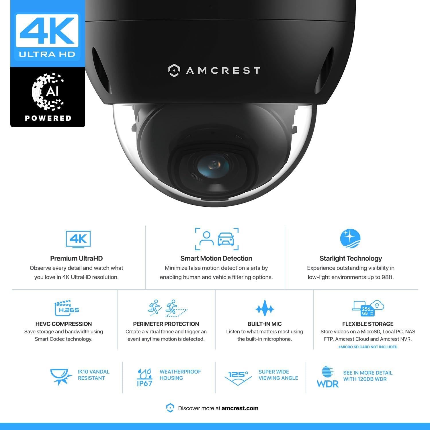 Cámara IP Dome Amcrest UltraHD 4K 8MP Visión Nocturna 30m
