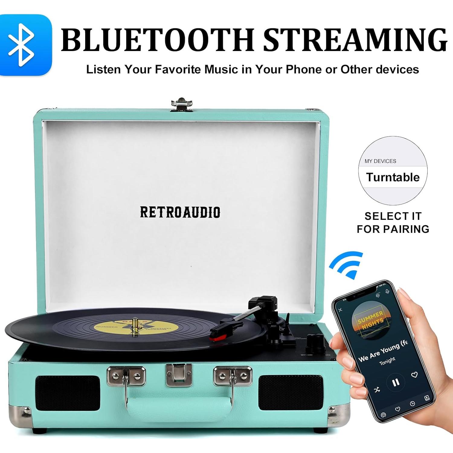 Reproductor de Vinilo RetroAudio Maleta Bluetooth 3 Velocidades Verde